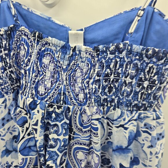Caroline Costas Blue White Empire Waist 100% Cotton Maxi Dress Size Small - Picture 14 of 16